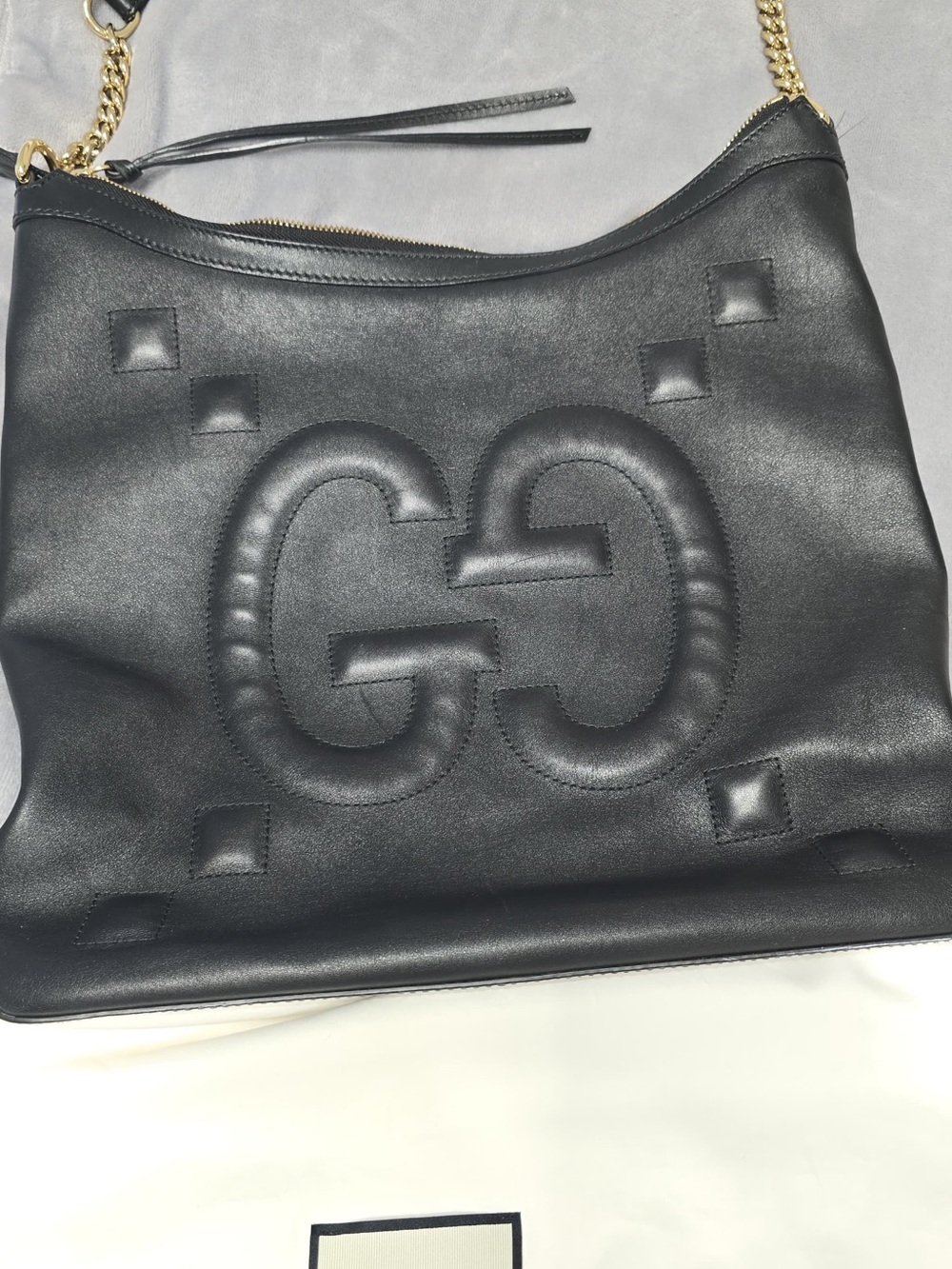 Gucci Black Leather Shoulder Bag with Gold Chain Accent